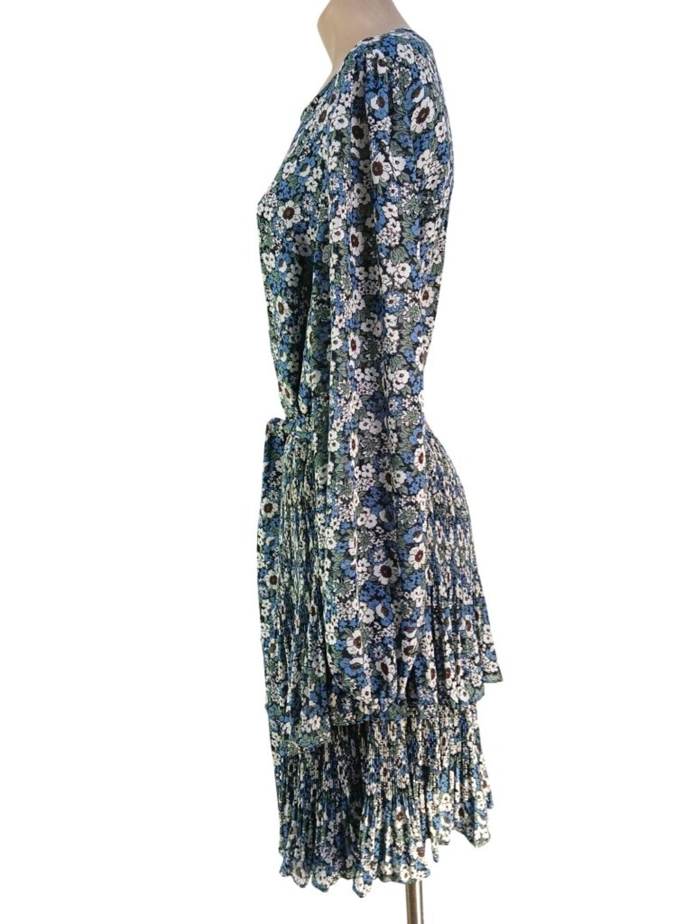 Boden Floral Tiered Long Sleeve Dress US 14 Blue Green Multicolor Plisse Mini - Picture 12 of 16